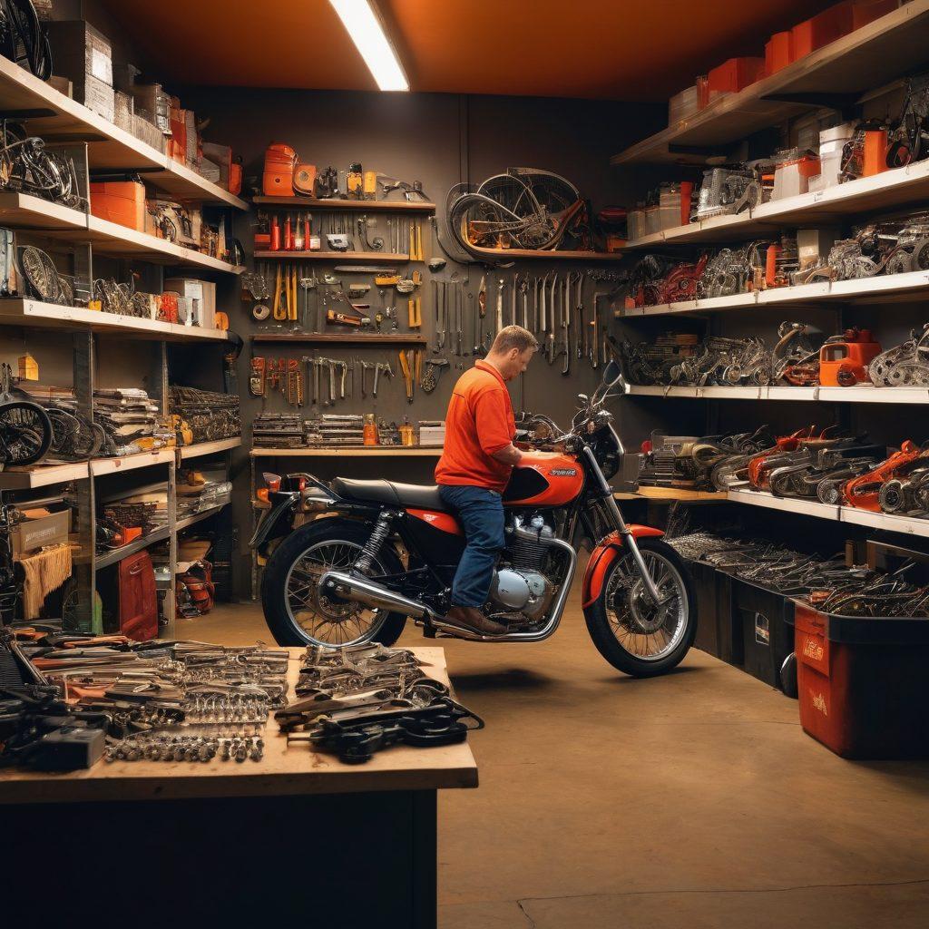 A vibrant workshop scene showcasing a mechanic carefully inspecting various motorcycle parts, surrounded by shelves filled with motorcycle replacement components. In the foreground, a detailed guidebook titled 'Maximize Your Ride' lies open next to a bright motorcycle. The background features tools and equipment, illuminated by warm workshop lighting, creating an inviting atmosphere. super-realistic. vibrant colors. dynamic composition.