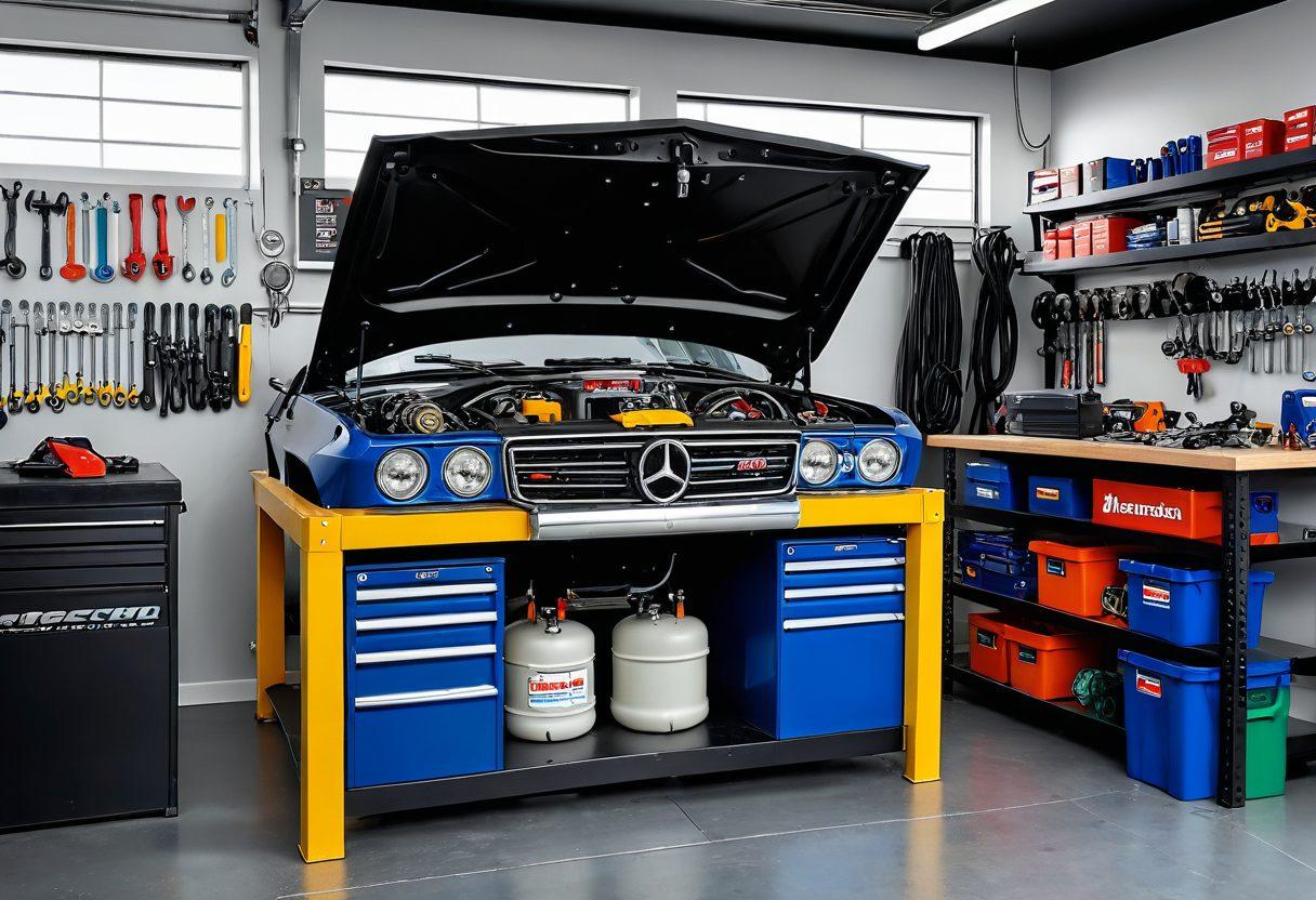 A well-organized garage workspace featuring an open hood of a car, with various spare auto parts neatly arranged on a workbench, including oil filters, spark plugs, and wrenches. In the background, colorful labels and diagrams illustrating part compatibility and repair techniques are visible. Soft light filters in, creating a warm and inviting atmosphere. A person in a mechanic's uniform is inspecting a part closely. vibrant colors. super-realistic. 3D.