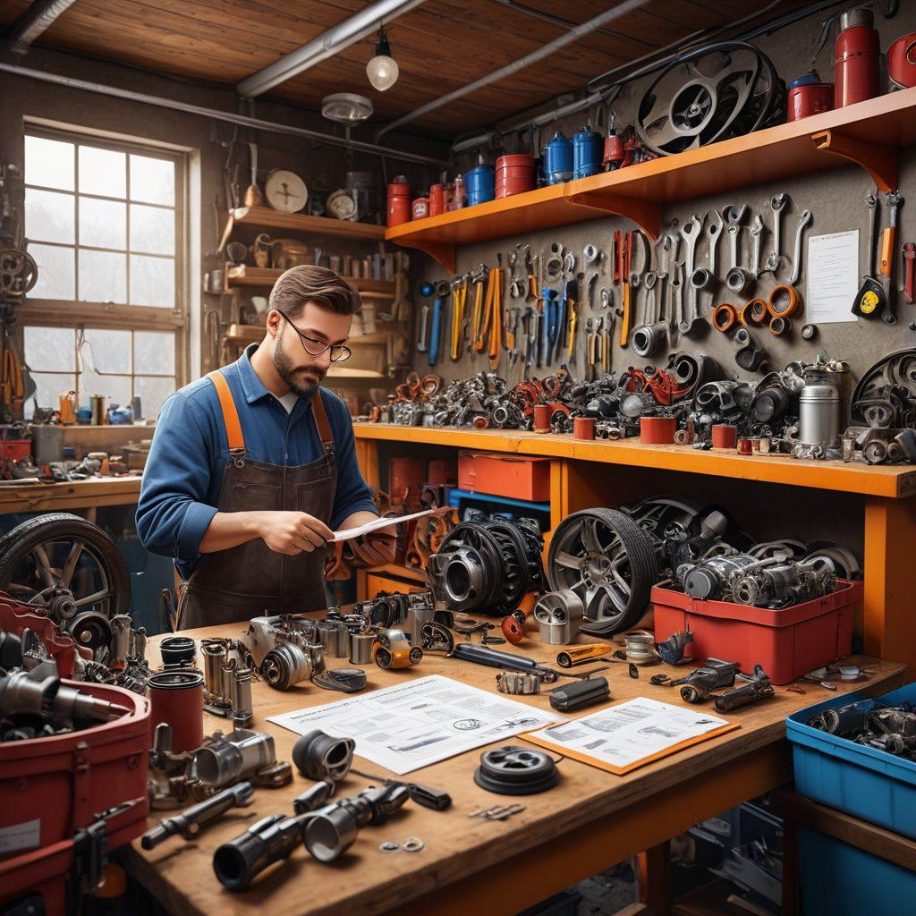 A mechanic's cluttered workshop scene filled with various car spare parts such as engines, tires, and tools. In the foreground, a confident DIY enthusiast is inspecting an engine part with a magnifying glass. Bright labels and a checklist float around him, suggesting a guide to selecting parts. The ambiance is warm and inviting, giving a sense of hands-on learning. 3D rendering. vibrant colors.